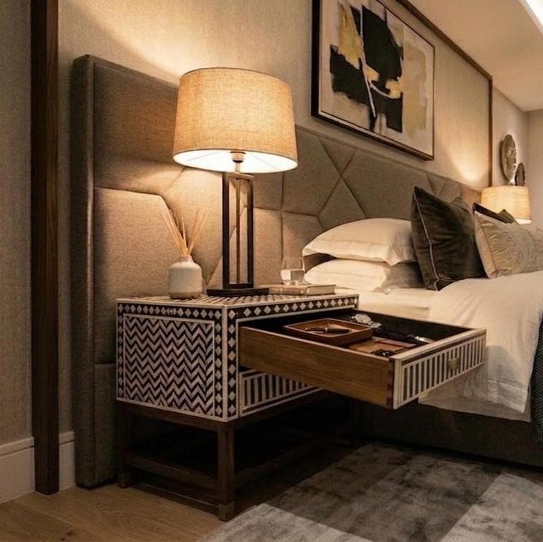 Geometric Bone Inlay Nightstand Storage , end table unique bedside - Room Setting