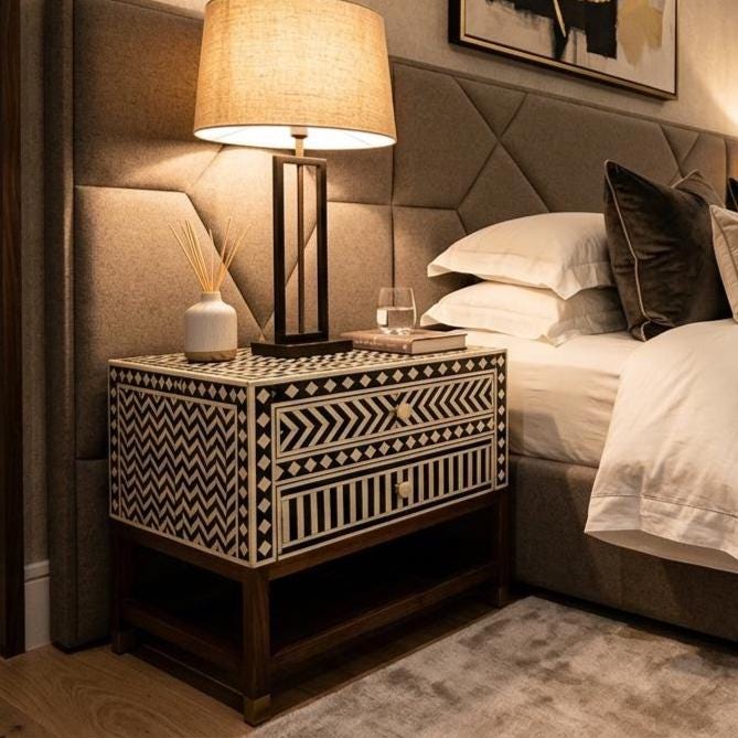 Geometric Bone Inlay Nightstand Storage , end table unique bedside - Detail Close-up