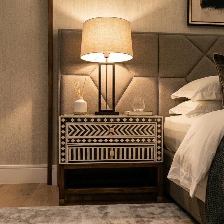 Geometric Bone Inlay Nightstand Storage , end table unique bedside