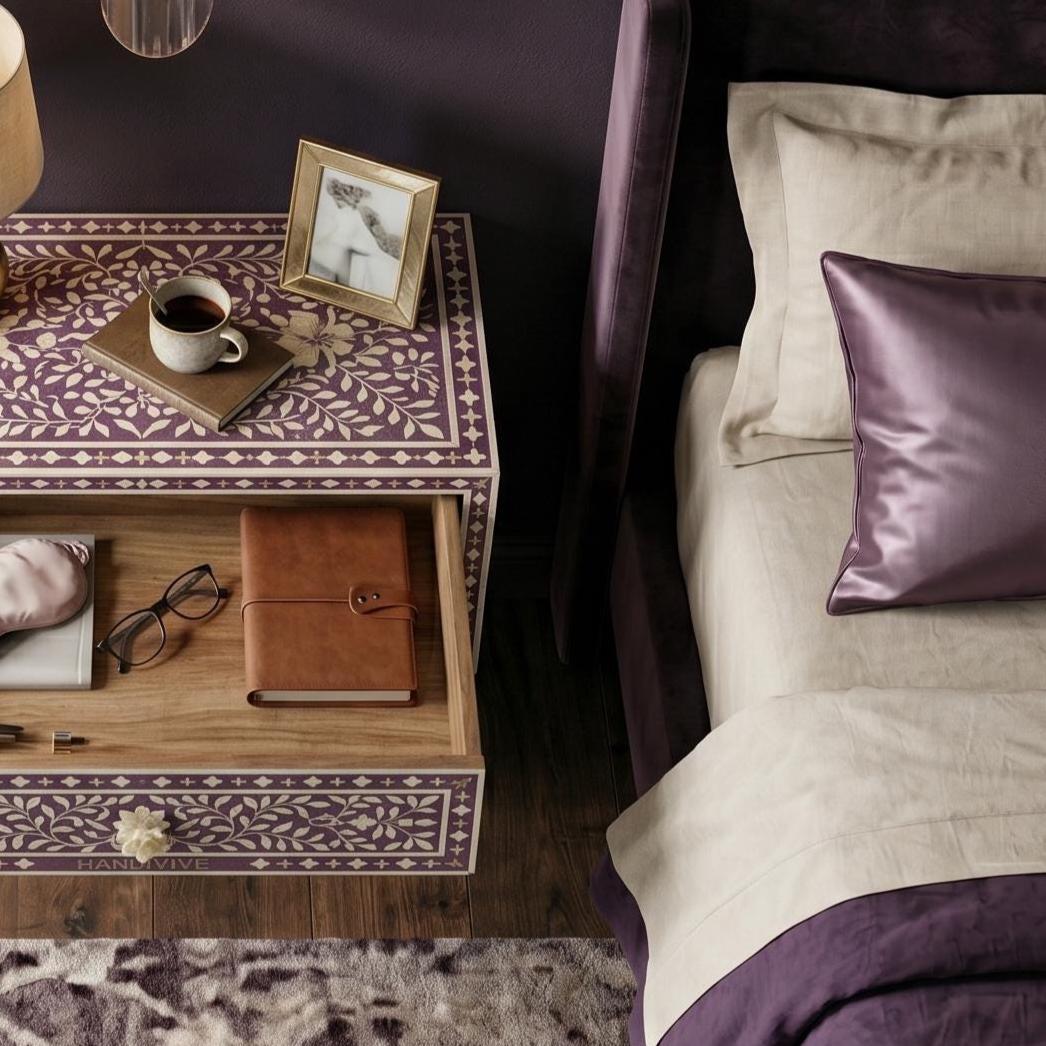 Royal Purple Bone Inlay Floating Bedside Table Mughal Floral Design - Detail Close-up
