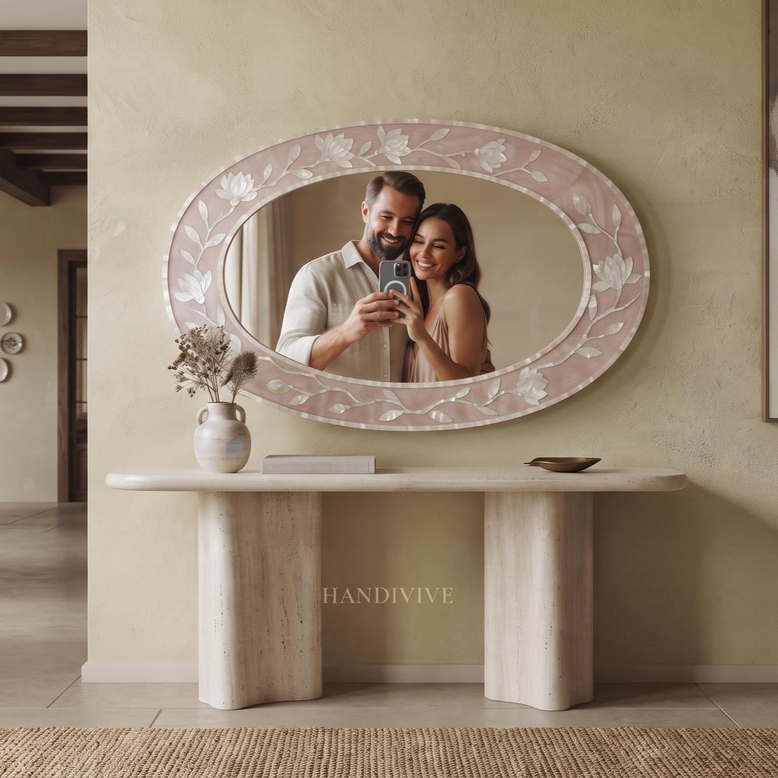 Oval Mother of Pearl Inlay Mirror Dusty Blush Pink , Magnolia Garden MOP Wall Mirror - Room Setting