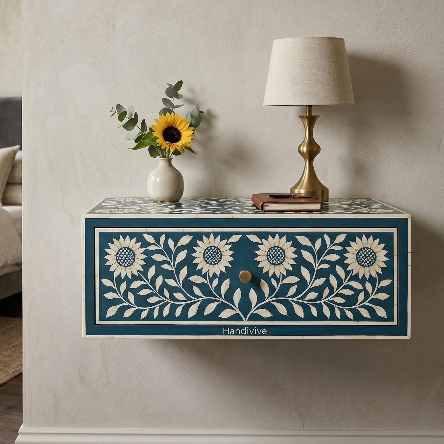 Sunflower Bone Inlay Floating Bedside Table Wall Mounted - Detail Close-up