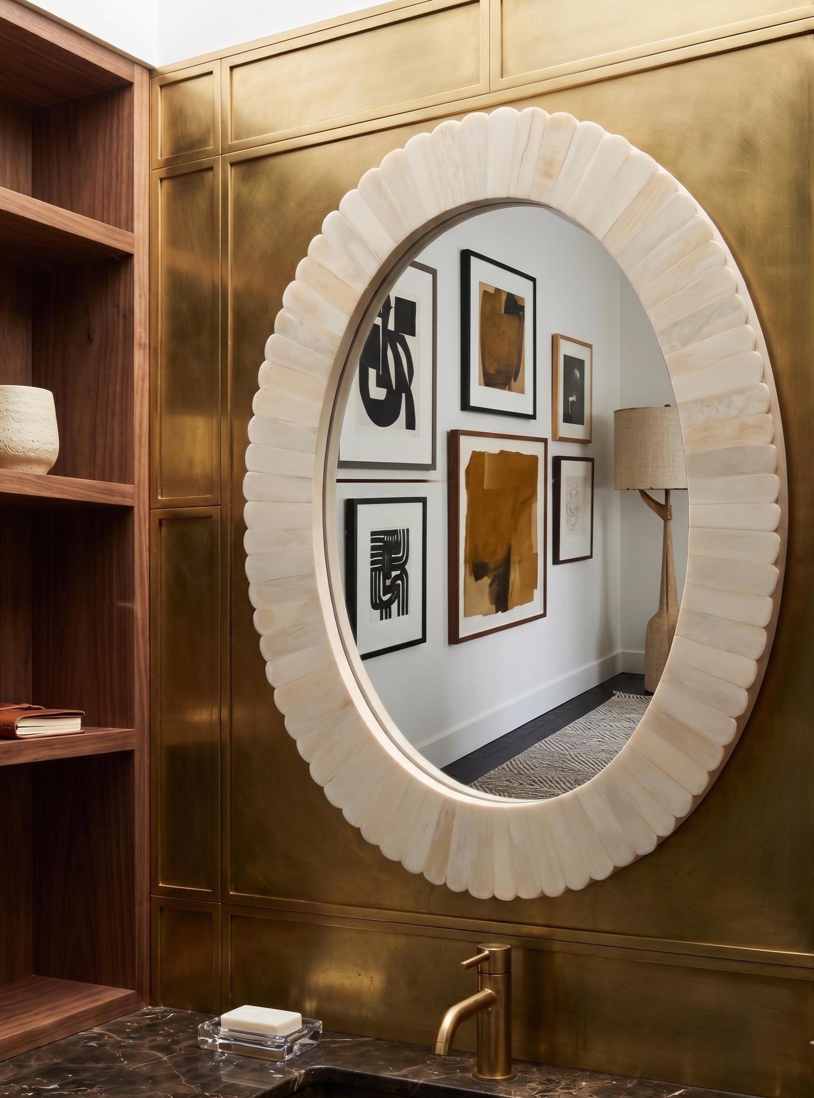 Oval Bone Inlay Mirror, Handmade Luxury Bathroom Vanity Decor, Antique Style Wall Mirror - Side Angle