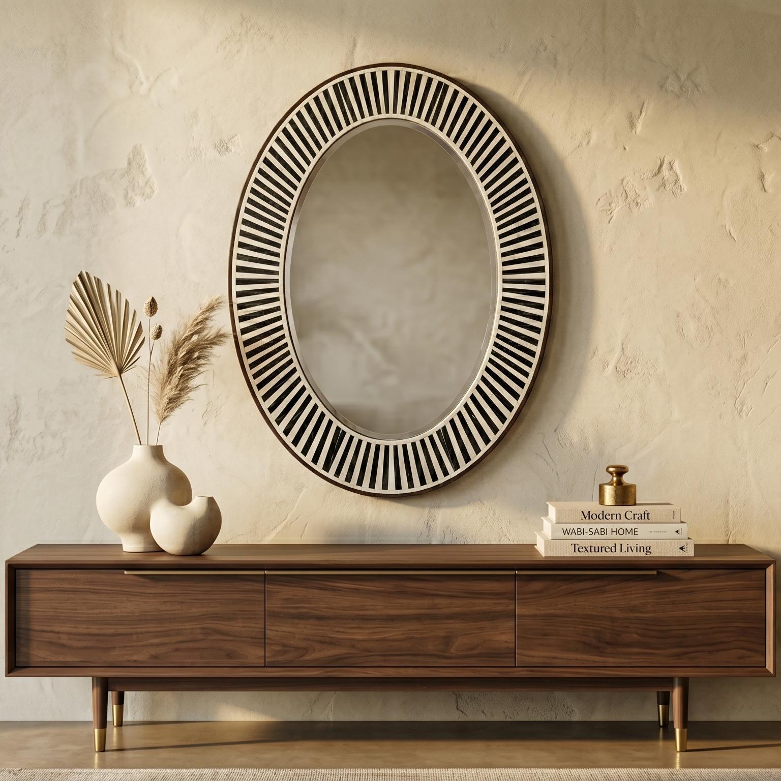 Oval Bone Inlay Mirror Black White Stripe Vanity Decor - Side Angle