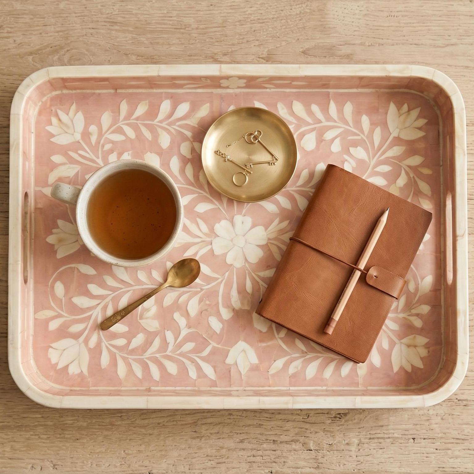 Blush Pink Floral Bone Inlay Tray Rounded Edge Serving & decorativeTray - Side Angle
