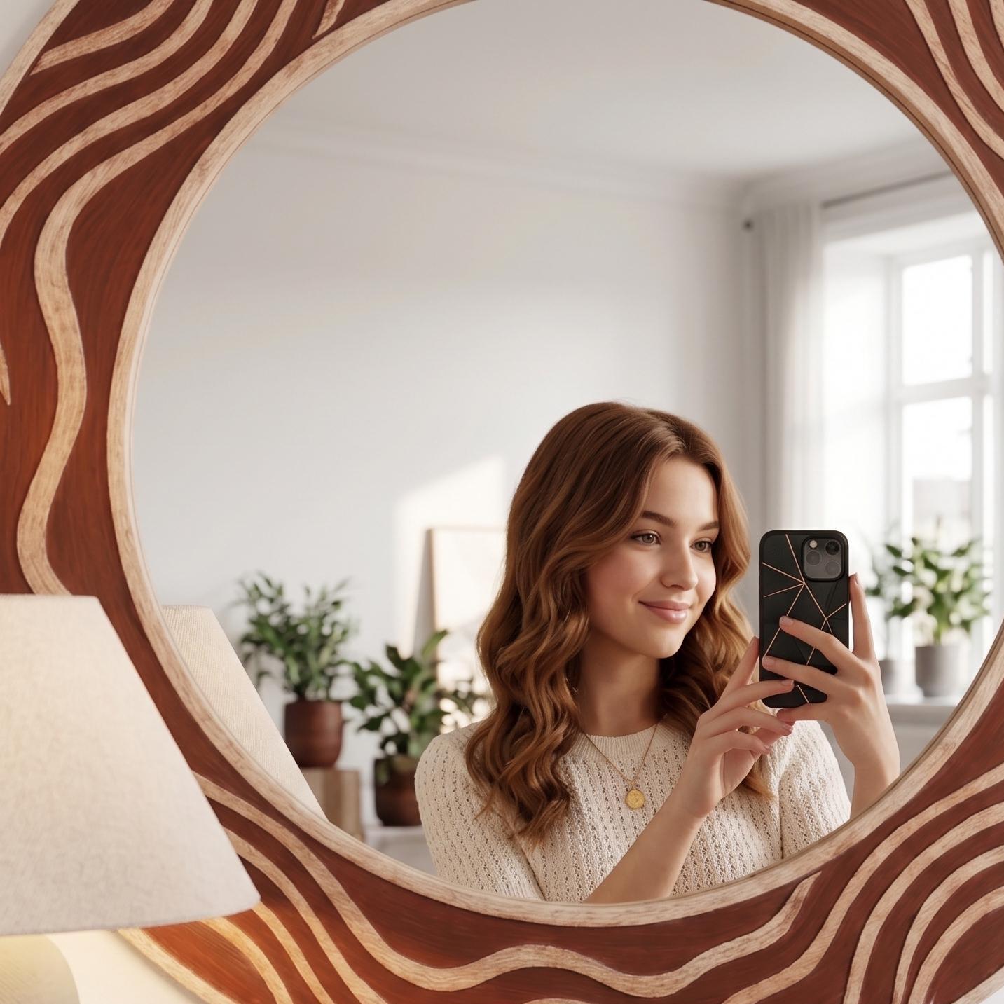 Terracotta Bone Inlay Mirror – Handmade Round Wavy Organic Wall Decor | unique mirror - Detail Close-up