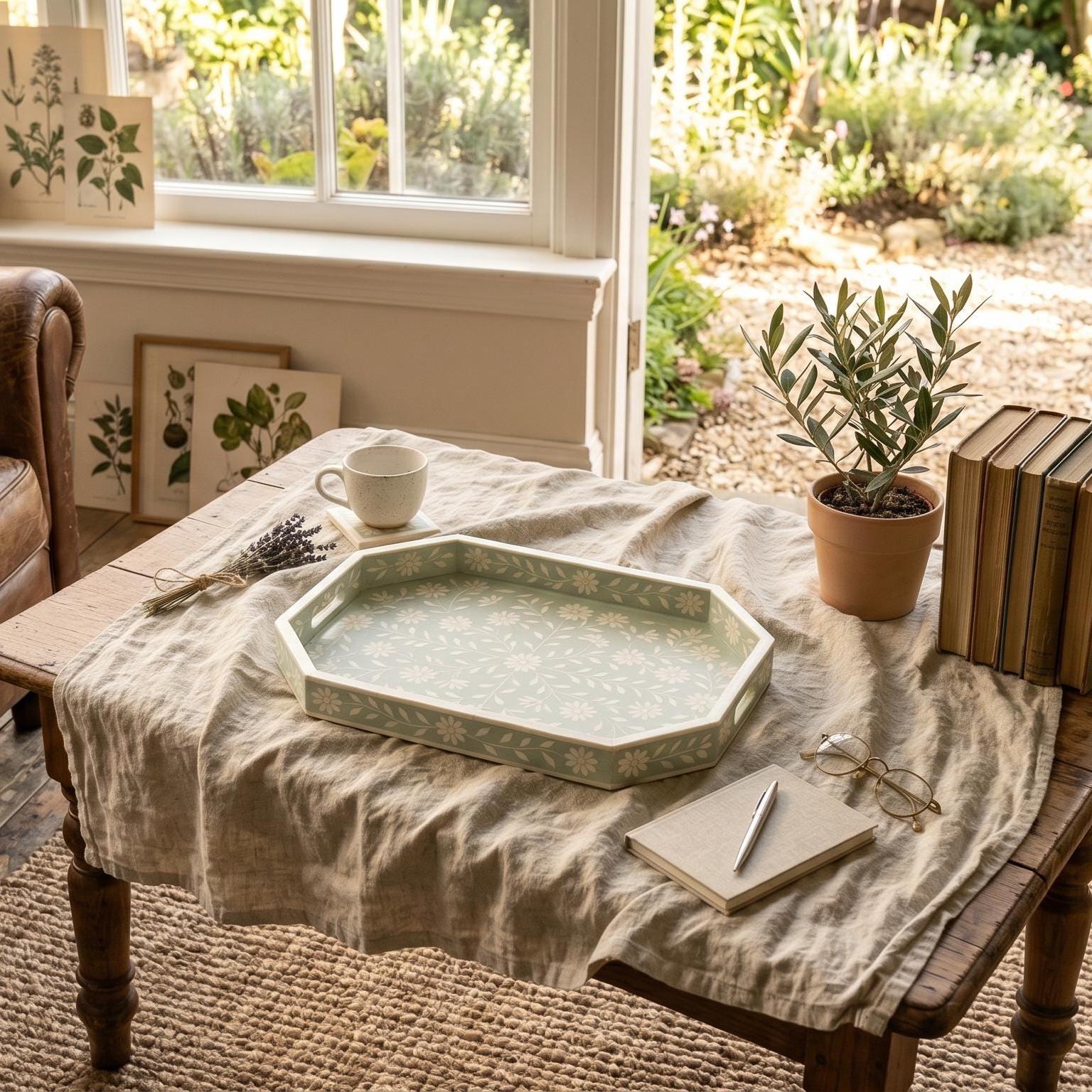 Sage Green Floral Tray Bone Inlay Daisy Pattern Handmade Decor - Side Angle