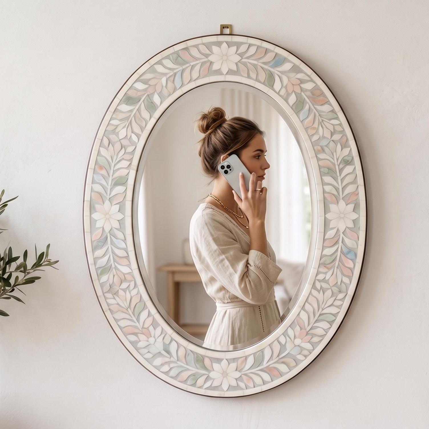 Oval Bone Inlay Floral Mirror – Boho Home Decor, Artisan Crafted Ivory Floral Wall Accent - Inlay Pattern