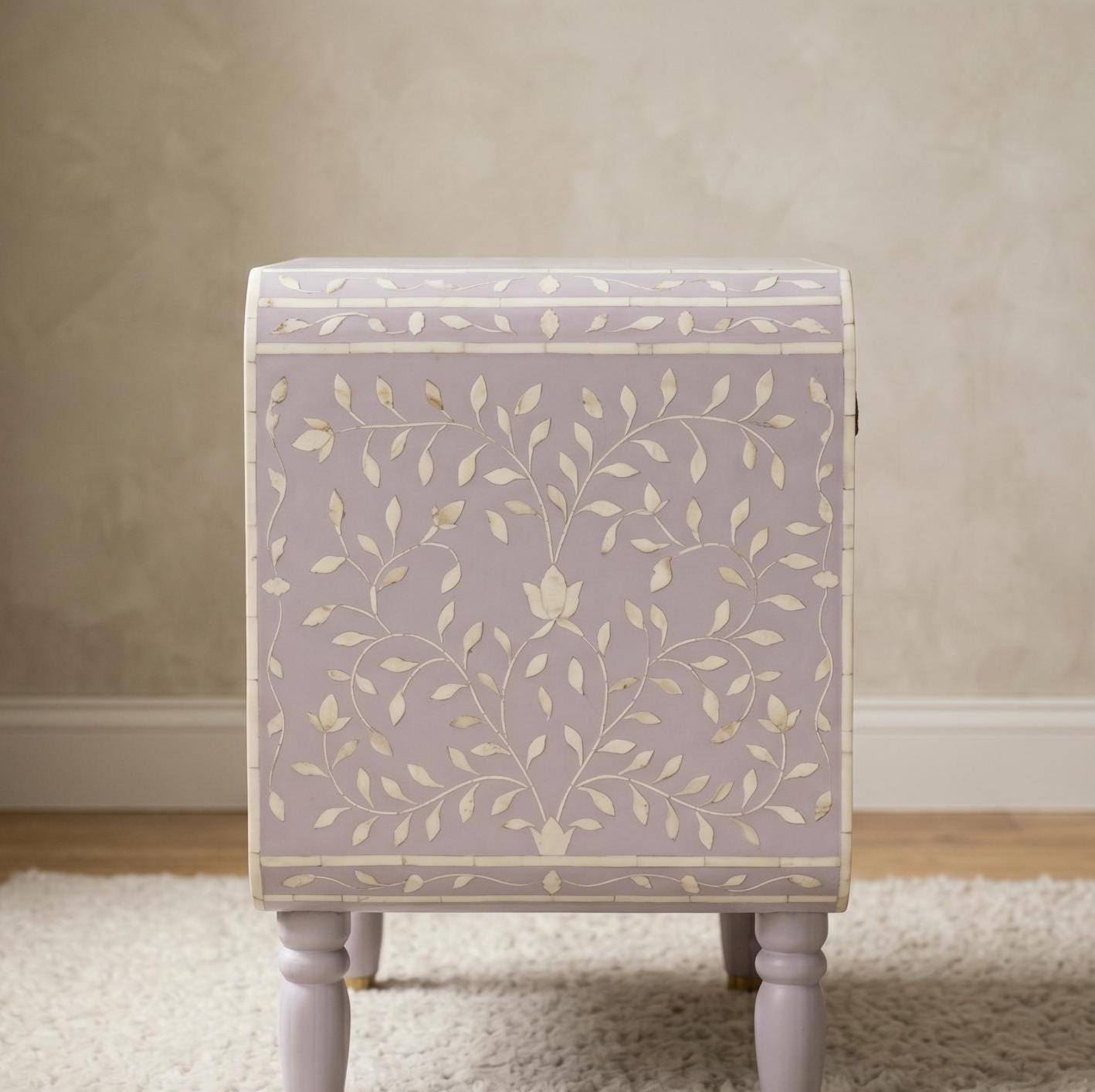 Lavender Bone Inlay Nightstand Floral Vine Pattern side table bedside - Detail Close-up