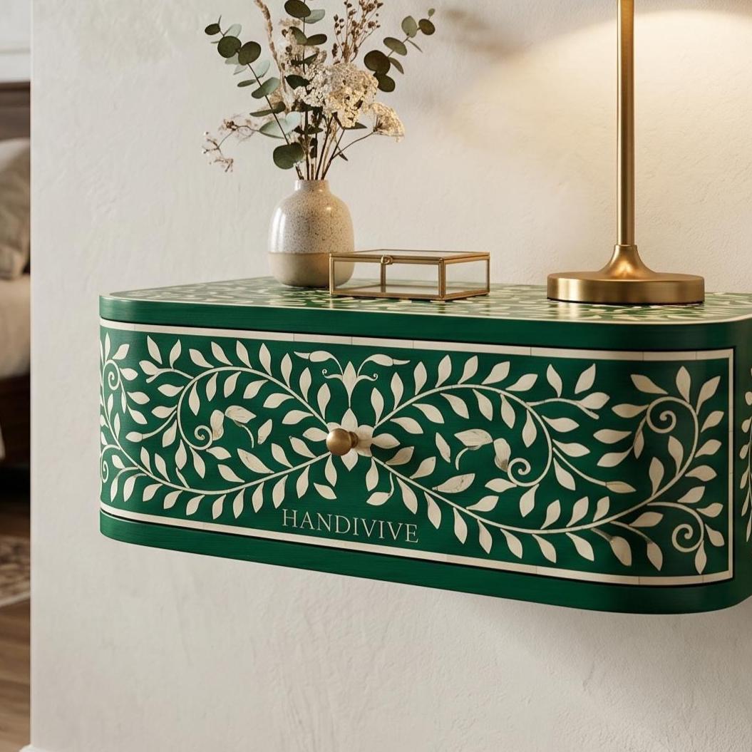 Floating Emerald Green Bone Inlay Nightstand Wall Mounted - Alternate View 1