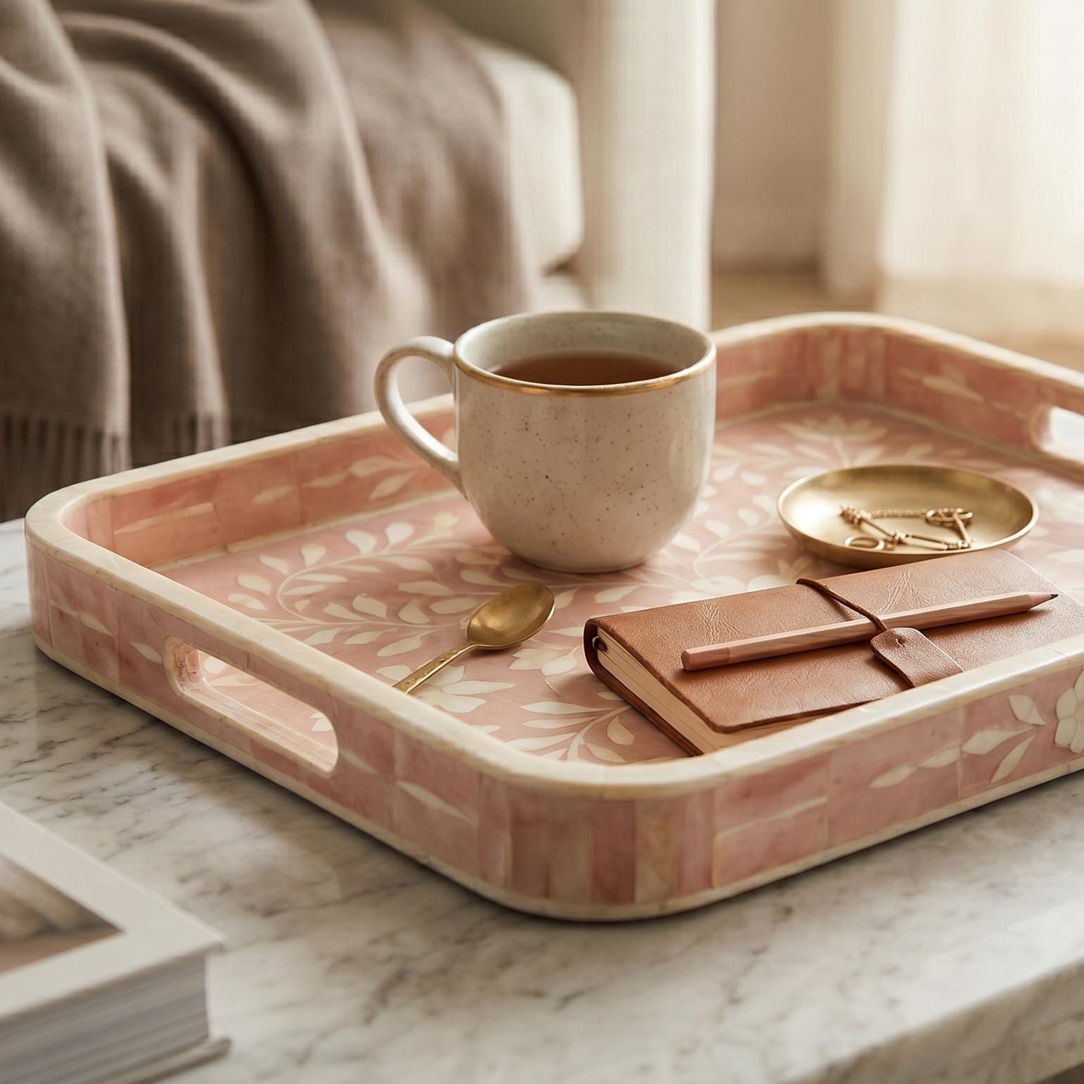 Blush Pink Floral Bone Inlay Tray Rounded Edge Serving & decorativeTray - Alternate View 2