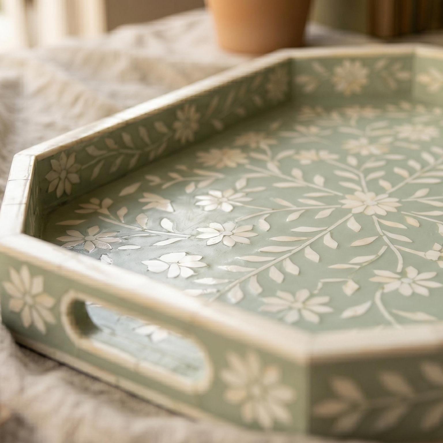 Sage Green Floral Tray Bone Inlay Daisy Pattern Handmade Decor - Room Setting