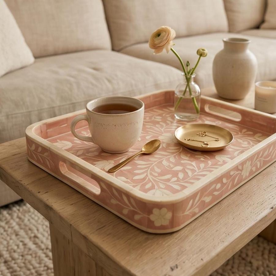 Blush Pink Floral Bone Inlay Tray Rounded Edge Serving & decorativeTray - Detail Close-up
