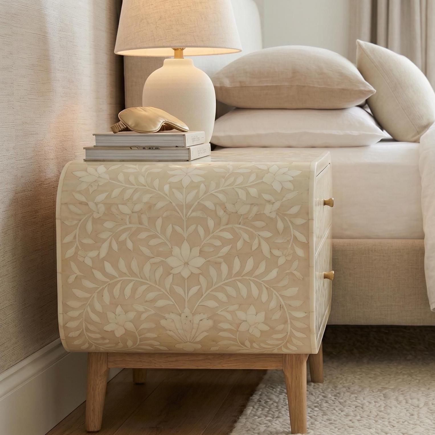 Bone Inlay floral Curved Bedside Table Floral Handmade Nightstand - Detail Close-up