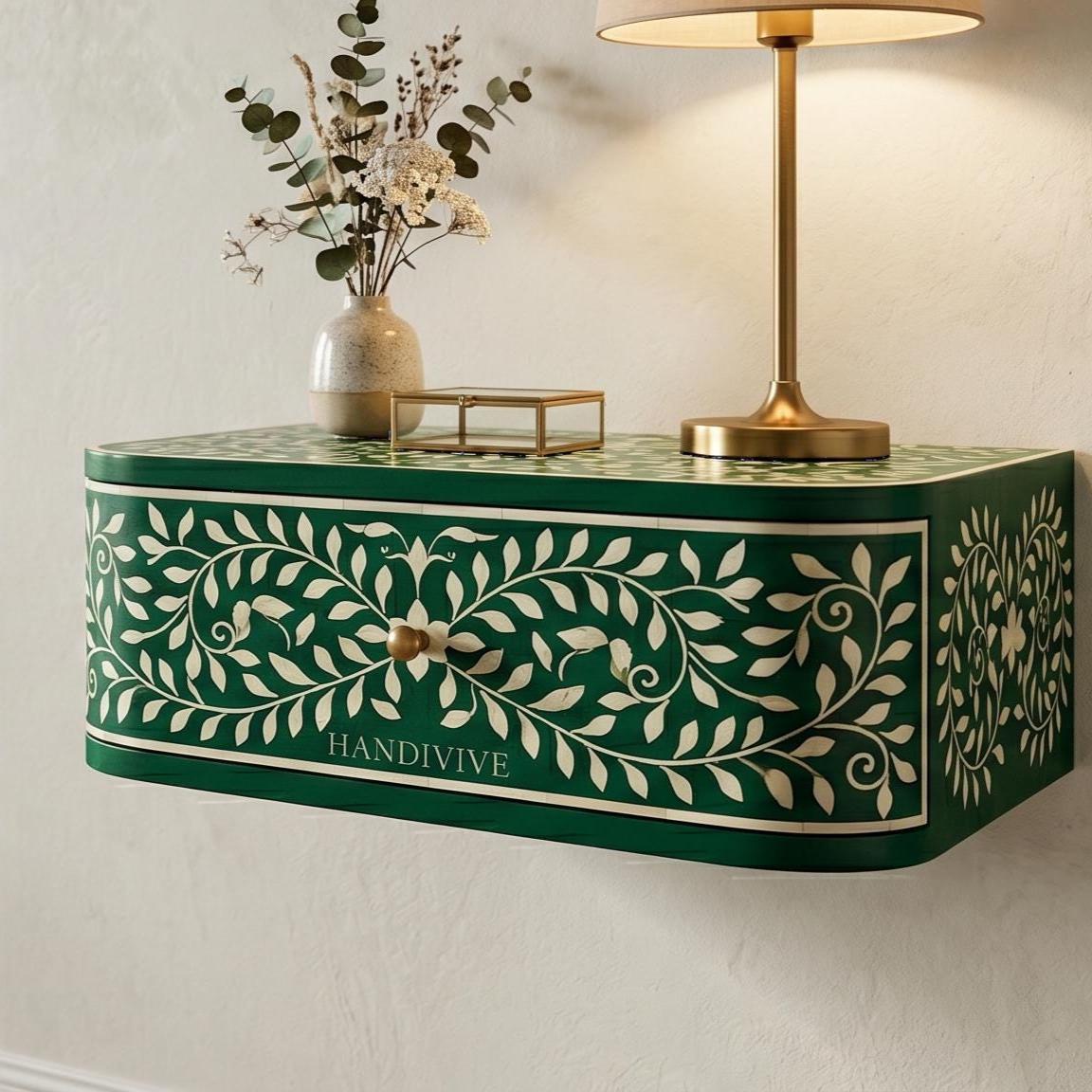 Floating Emerald Green Bone Inlay Nightstand Wall Mounted - Full Profile