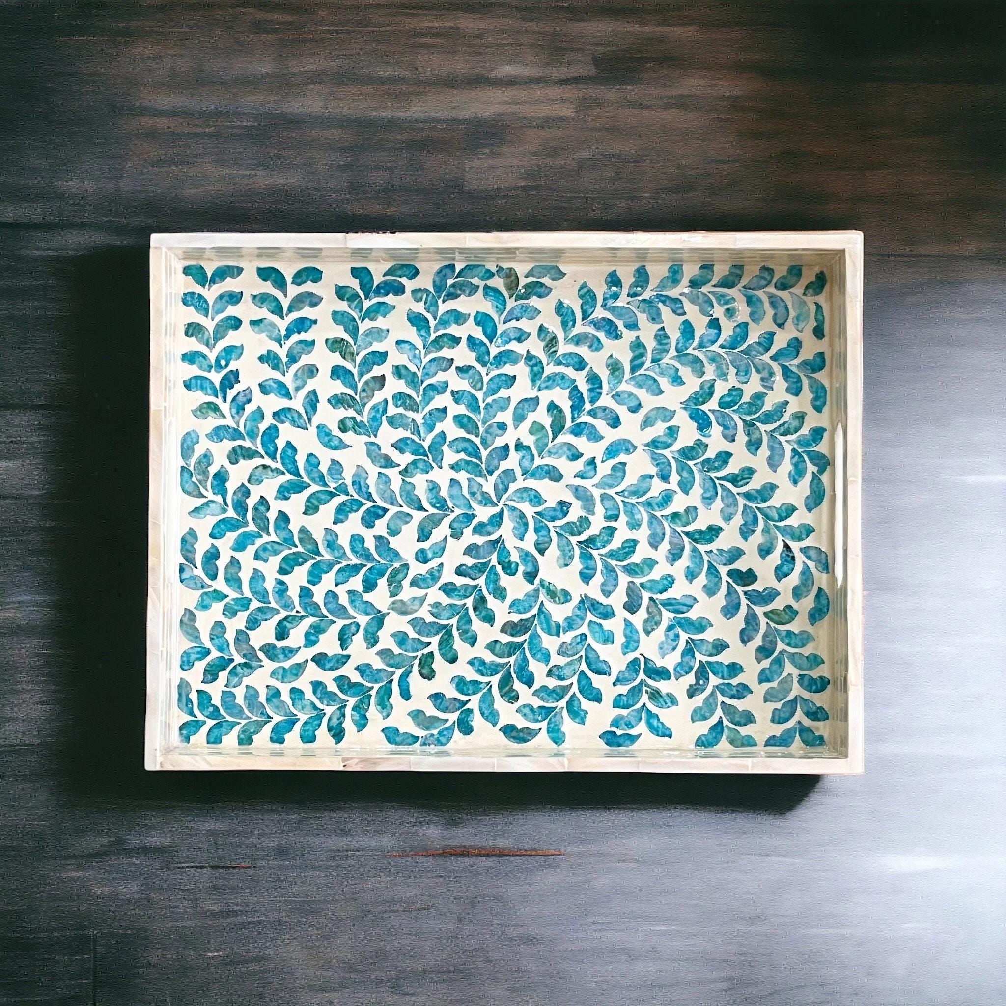 Handmade Blue Mother of Pearl Inlay Serving Tray | Rectangular 35x25cm Botanical MOP Home Decor - Side Angle