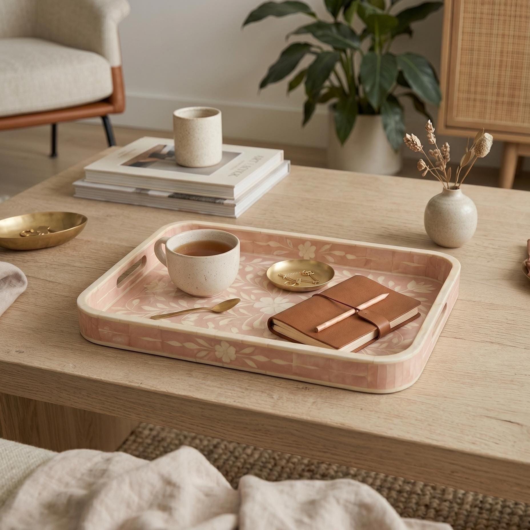 Blush Pink Floral Bone Inlay Tray Rounded Edge Serving & decorativeTray - Style View
