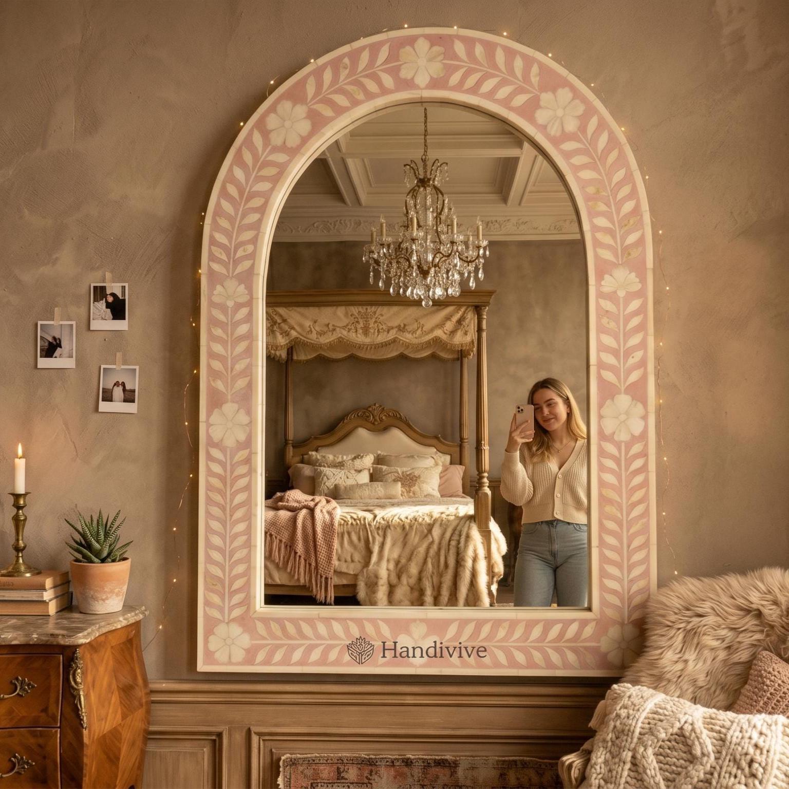 Floral Arch Mirror Pink Bone Inlay Wall Hanging Decor - Side Angle