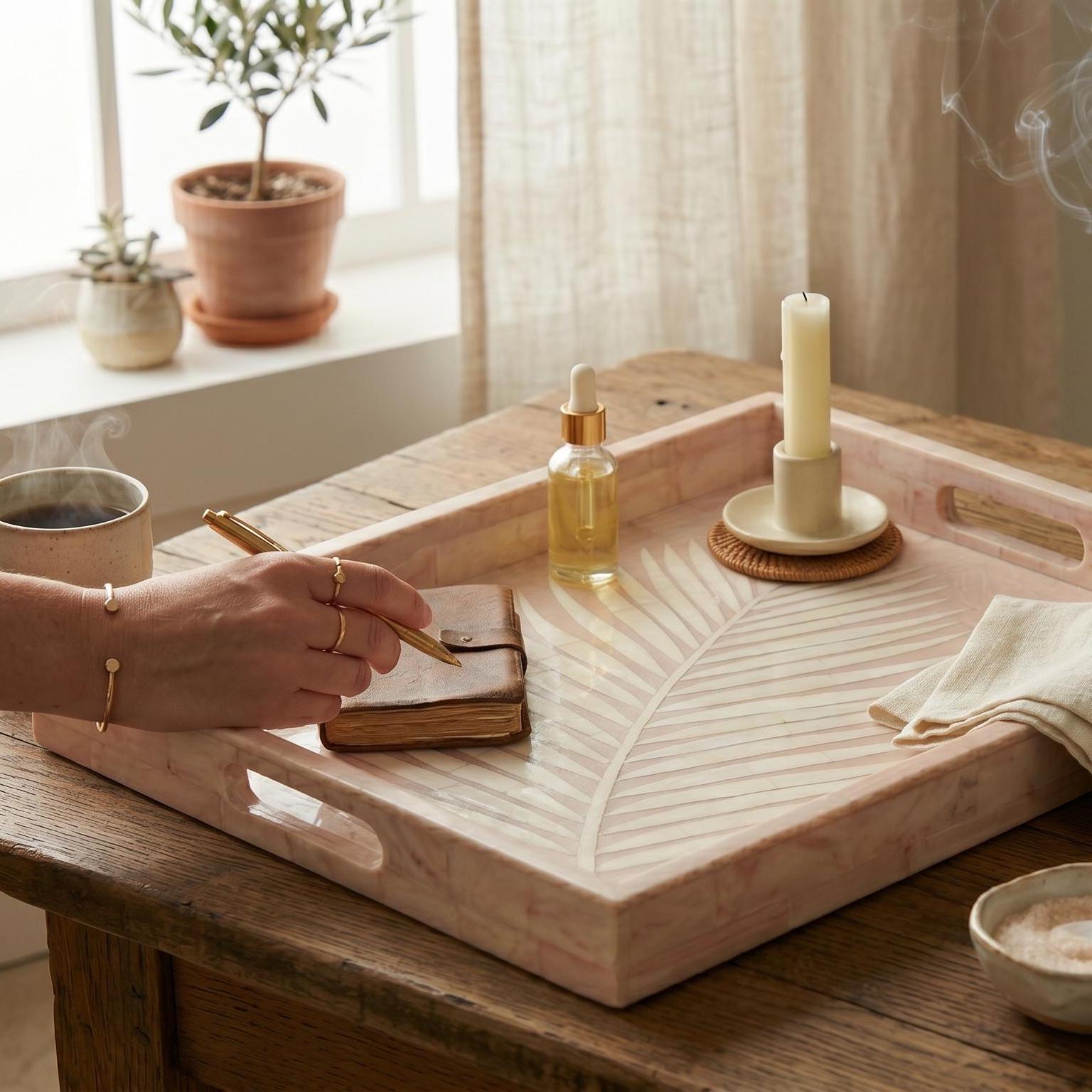 Pink Palm Leaf Tray Bone Inlay Decorative Vanity Tray - Room Setting