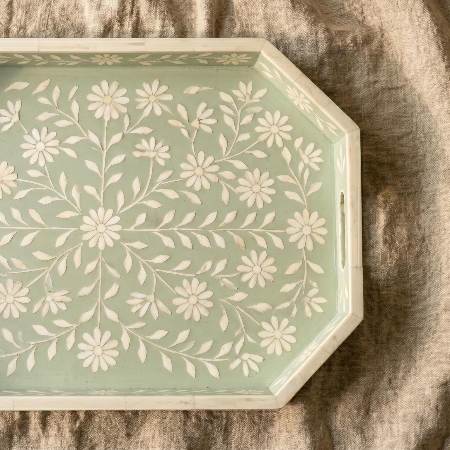 Sage Green Floral Tray Bone Inlay Daisy Pattern Handmade Decor - Full Profile