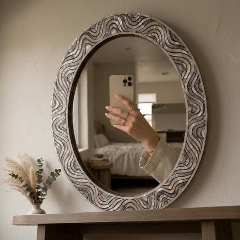 Oval Mother of Pearl Inlay Mirror, Handcrafted Floral Coastal Vanity Accent - Side Angle