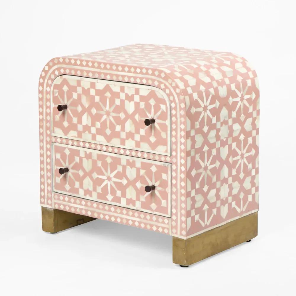 Moroccan Bone Inlay Bedside Table Two Drawer Handmade Luxury Nightstand - Detail Close-up
