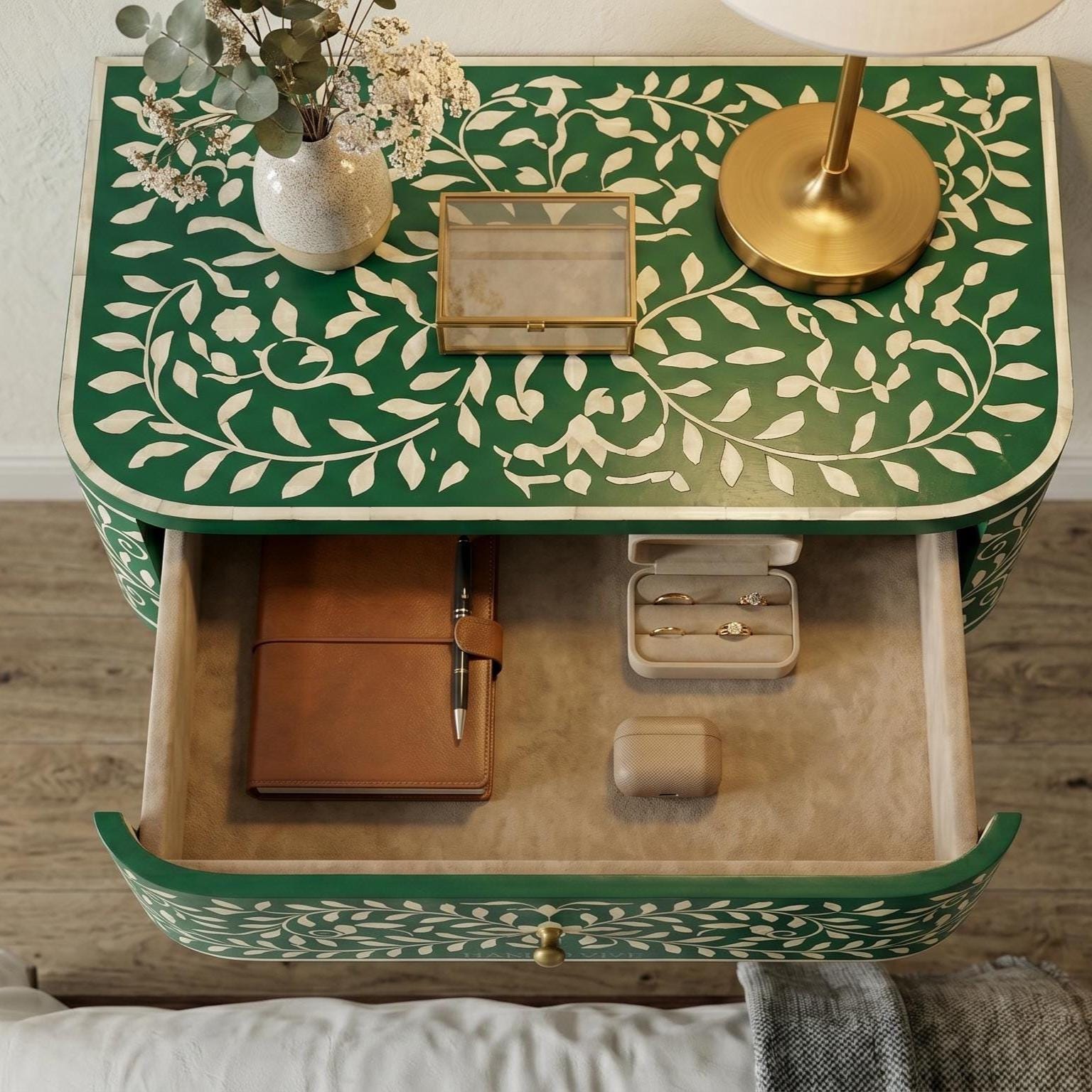 Floating Emerald Green Bone Inlay Nightstand Wall Mounted - Room Setting