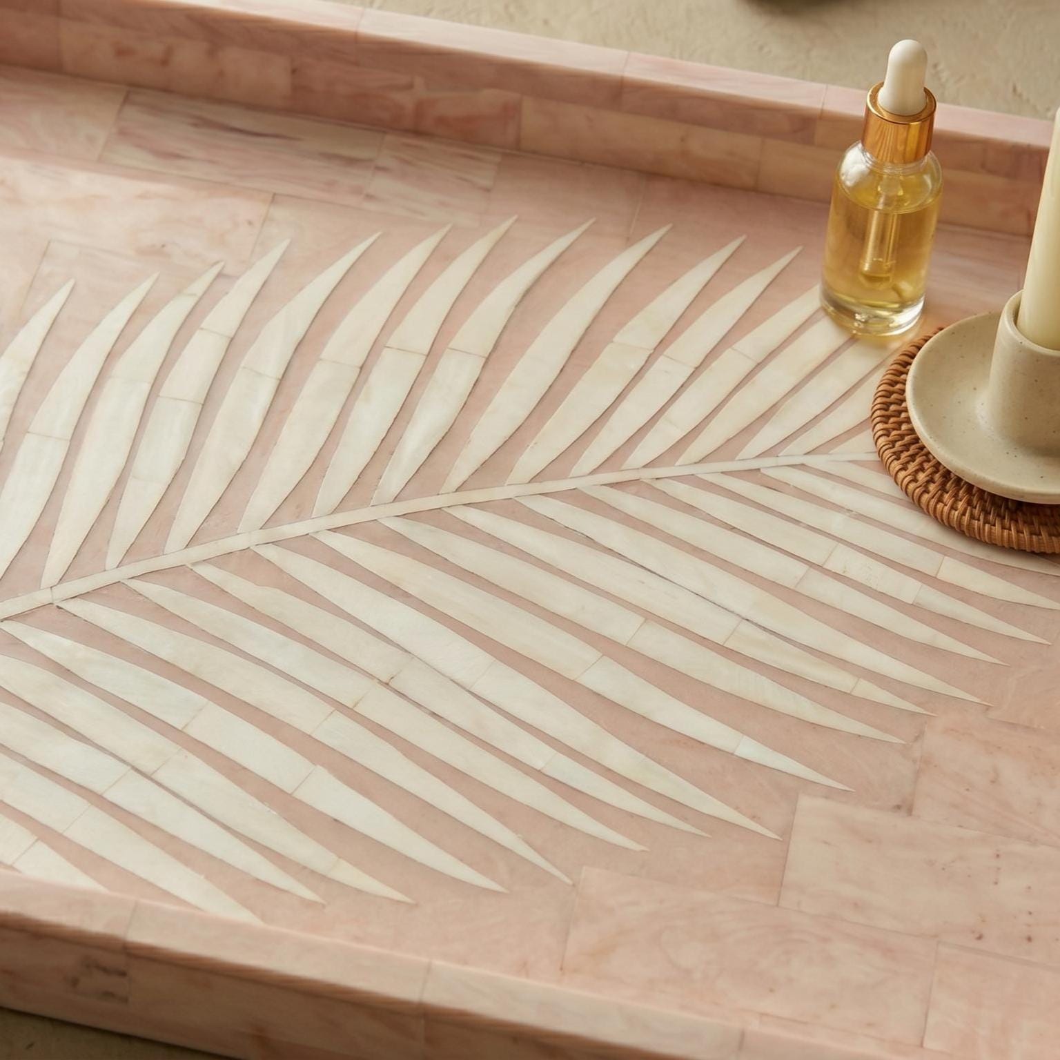 Pink Palm Leaf Tray Bone Inlay Decorative Vanity Tray - Detail Close-up