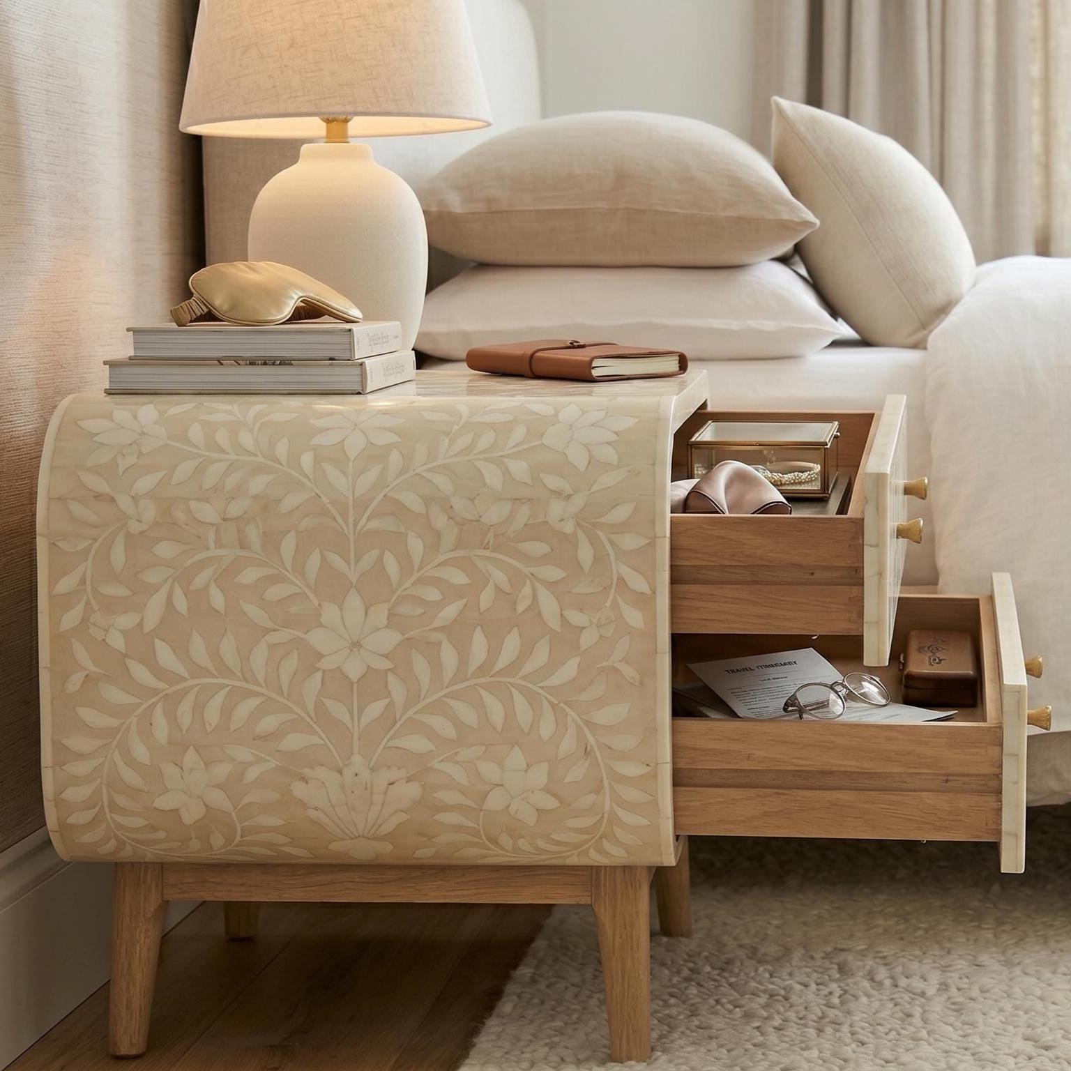 Bone Inlay floral Curved Bedside Table Floral Handmade Nightstand - Side Angle