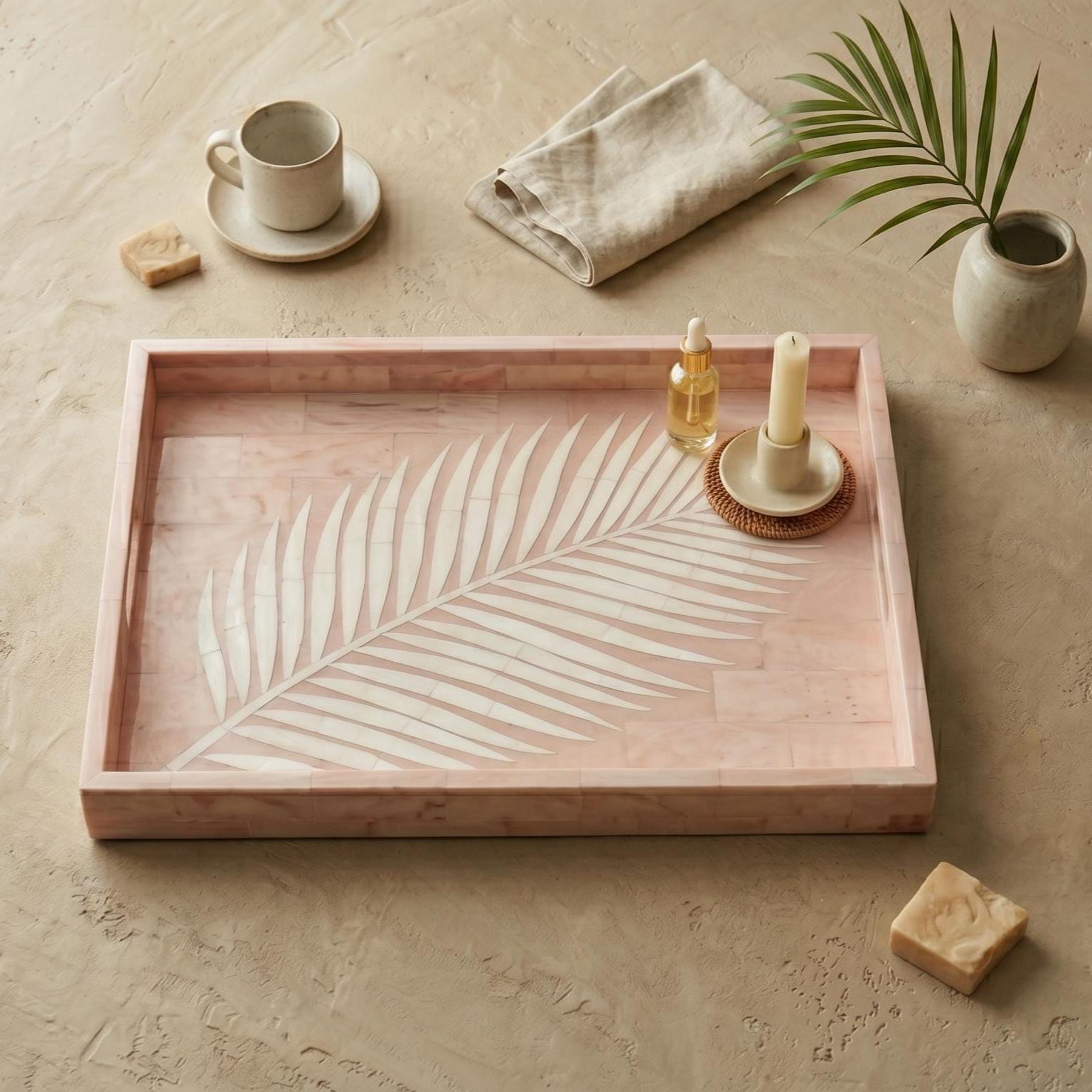 Pink Palm Leaf Tray Bone Inlay Decorative Vanity Tray - Side Angle