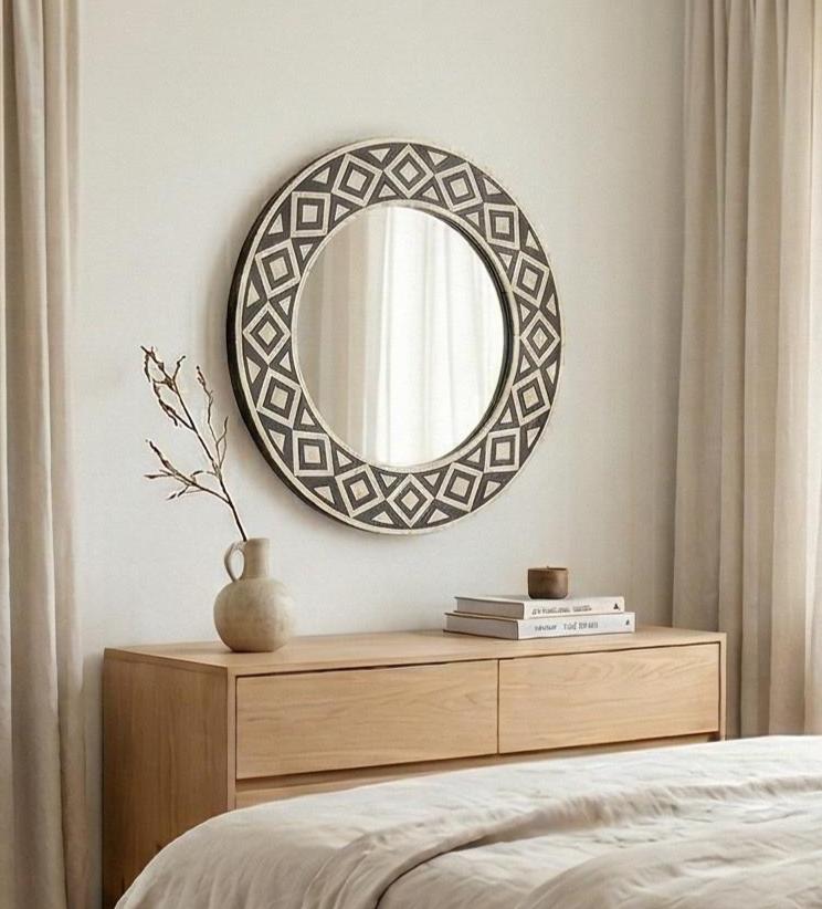 Black White Bone Inlay Mirror – Round Geometric Handmade Modern Wall Decor |unique mirror - Side Angle