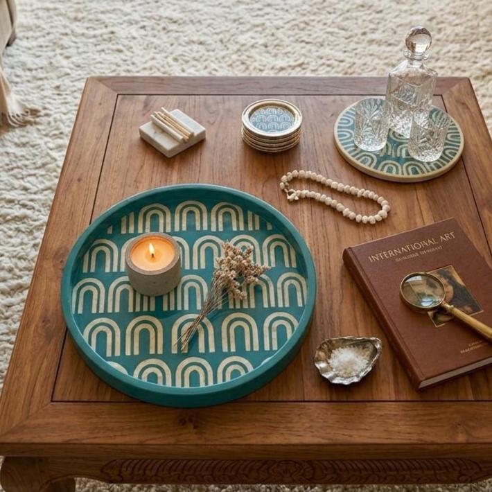 Turquoise Bone Inlay Round Tray Handmade Luxury Serving Tray - Detail Close-up