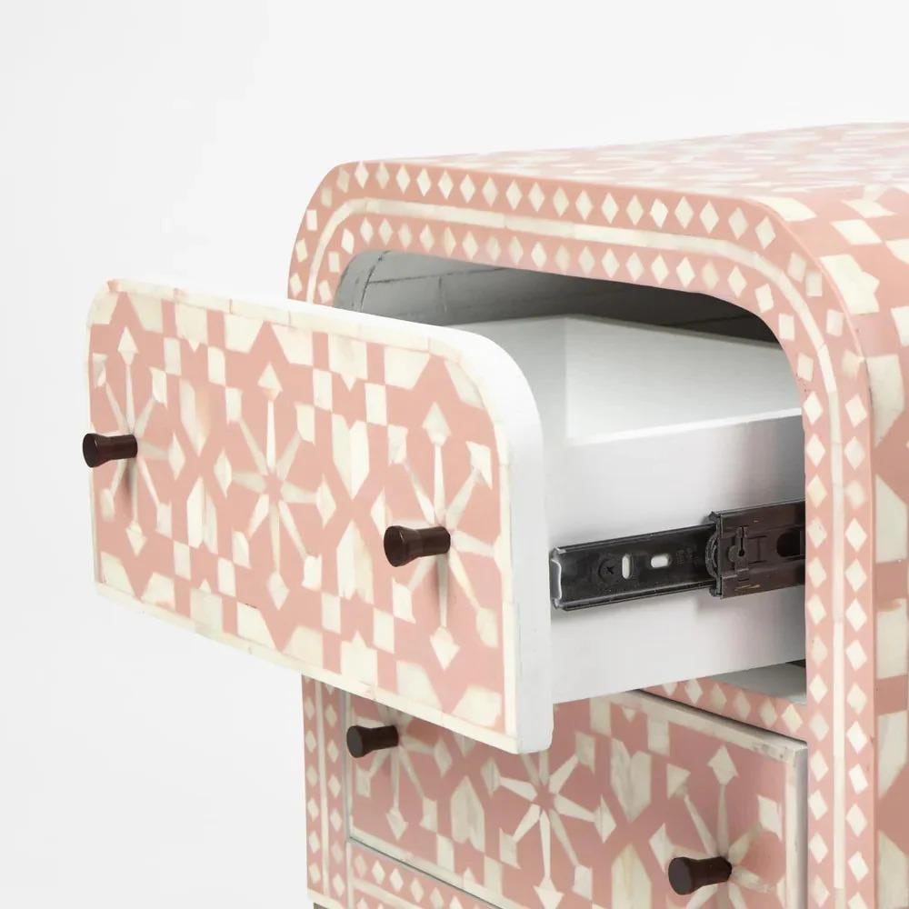 Moroccan Bone Inlay Bedside Table Two Drawer Handmade Luxury Nightstand - Side Angle
