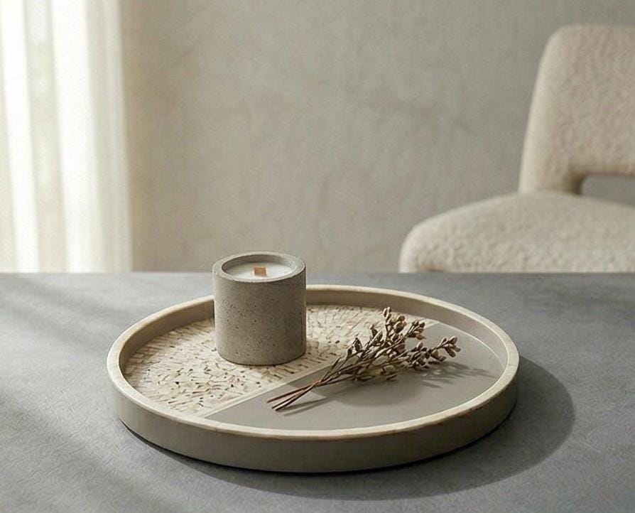 Two Tone Bone Inlay Round Tray – Handmade Modern Resin Serving Tray - Side Angle