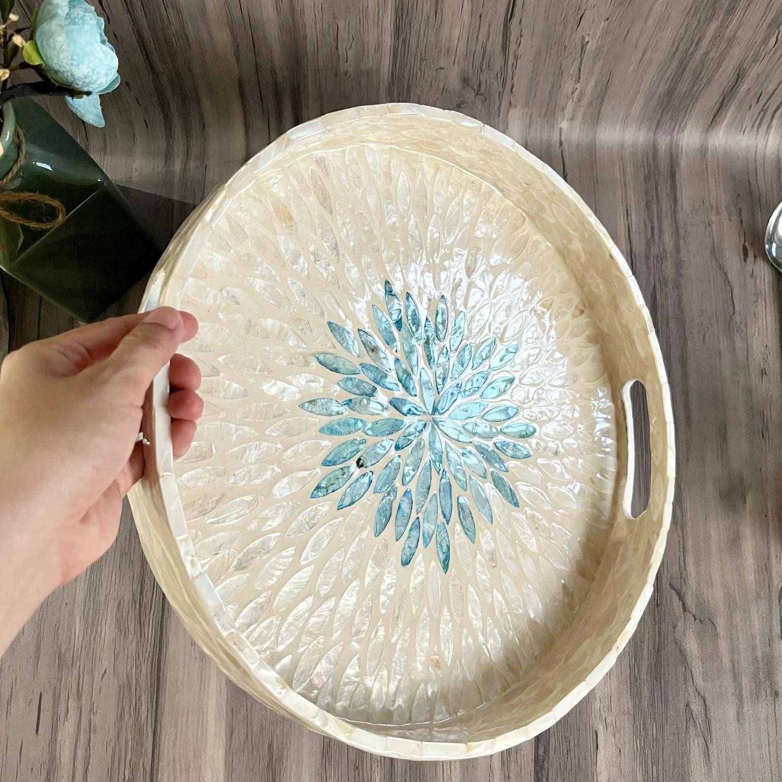 Mother of Pearl Mosaic Round Tray Handmade Home Decor - Room Setting