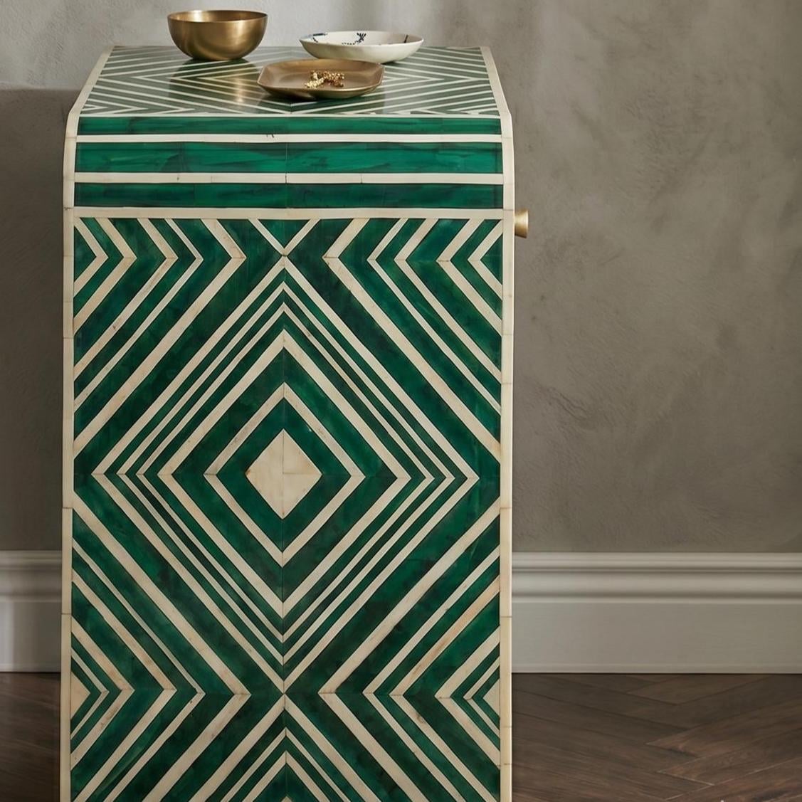 Emerald Green Bone Inlay Bedside Table Geometric Waterfall Design - Full Profile