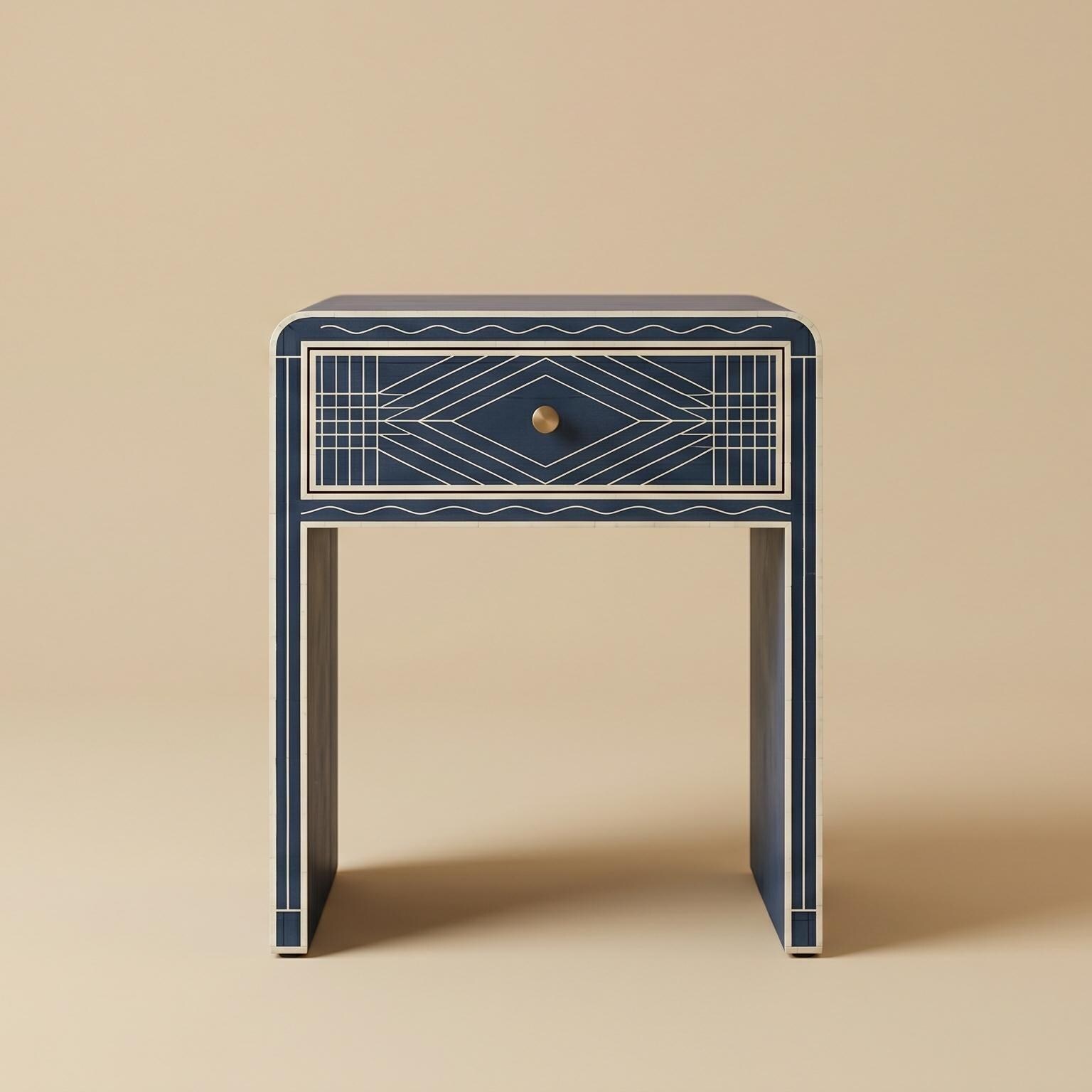 Navy Blue Bone Inlay Bedside Table Minimal Checker Pattern - Full Profile