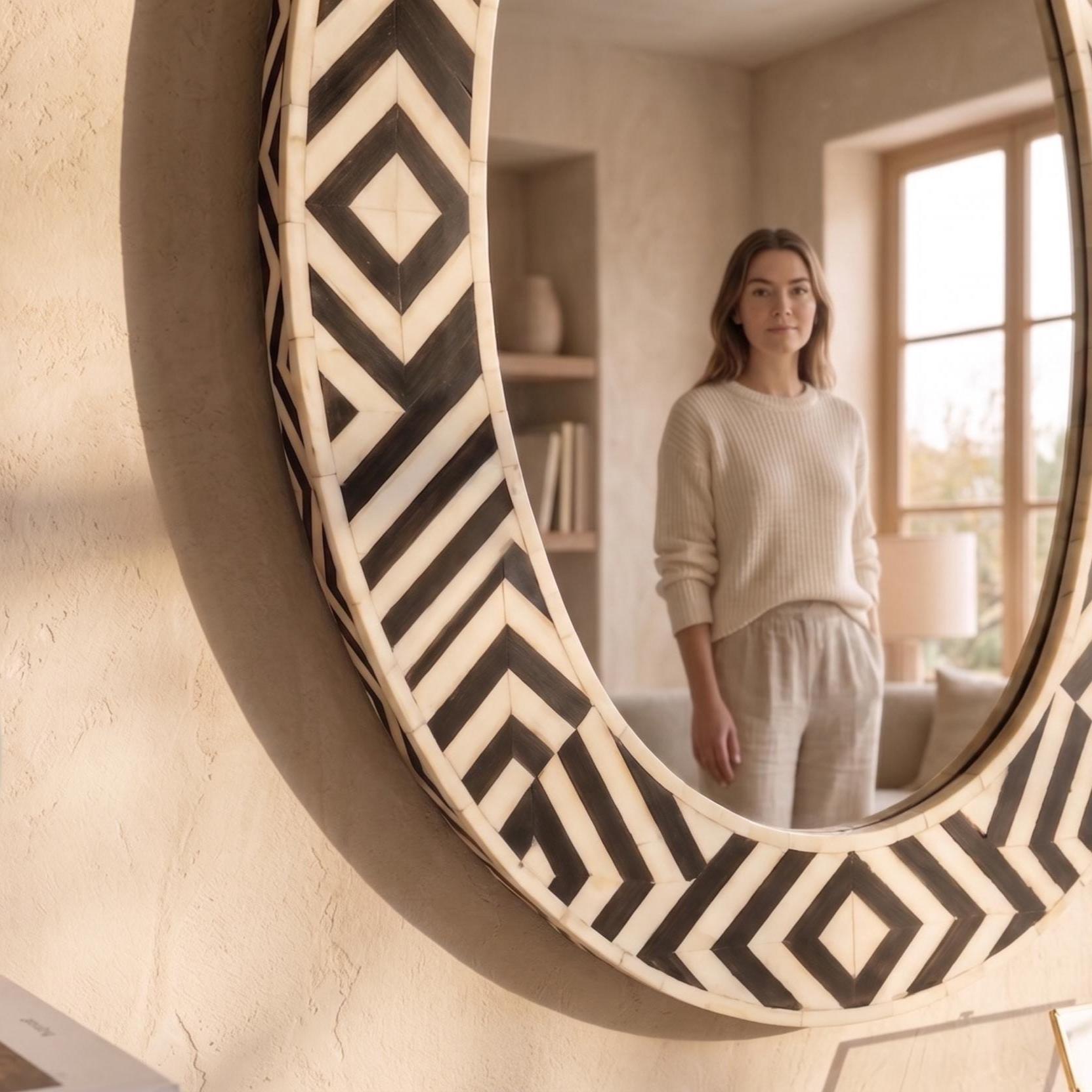 Luxury Oval Bone Inlay Mirror Geometric Pattern Handmade Wall Mirror | unique mirror - Detail Close-up