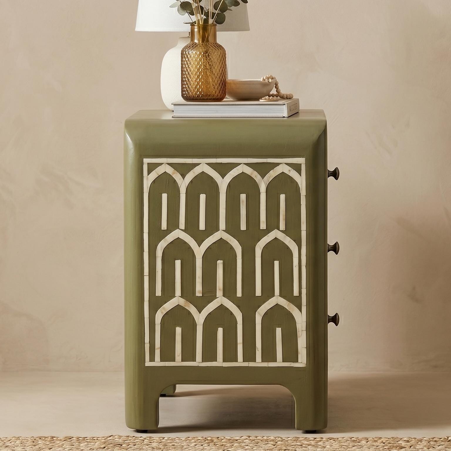 Dusty Olive Bone Inlay Bedside Table Arch Pattern Nightstand - Side Angle