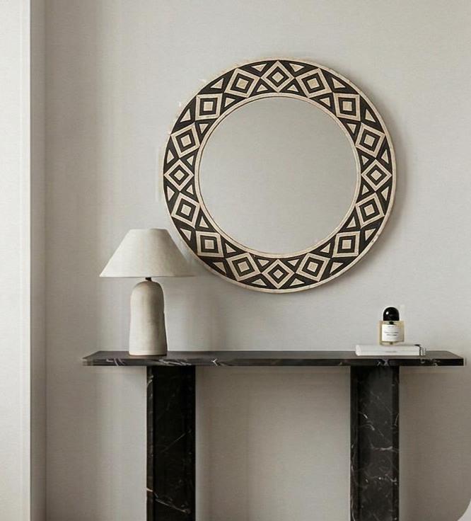 Black White Bone Inlay Mirror – Round Geometric Handmade Modern Wall Decor |unique mirror - Alternate View 1