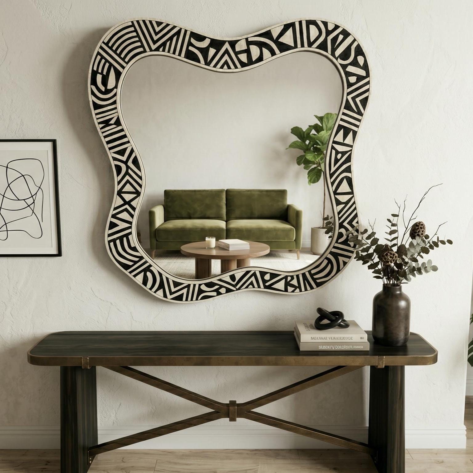 handmade Wall Mirror Organic Shape Bone Inlay Asymmetrical Vanity Decor | antique mirror - Room Setting