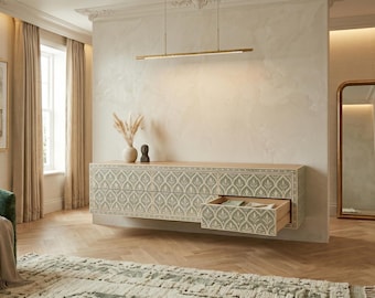 handcrafted Sage Green Floating Console Bone Inlay Wall Mounted Entryway Cabinet
