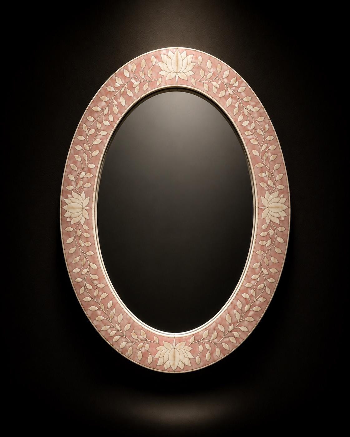 Blush Pink Oval Bone Inlay Mirror, Handmade Floral Vanity Decor | unique mirror - Full Profile
