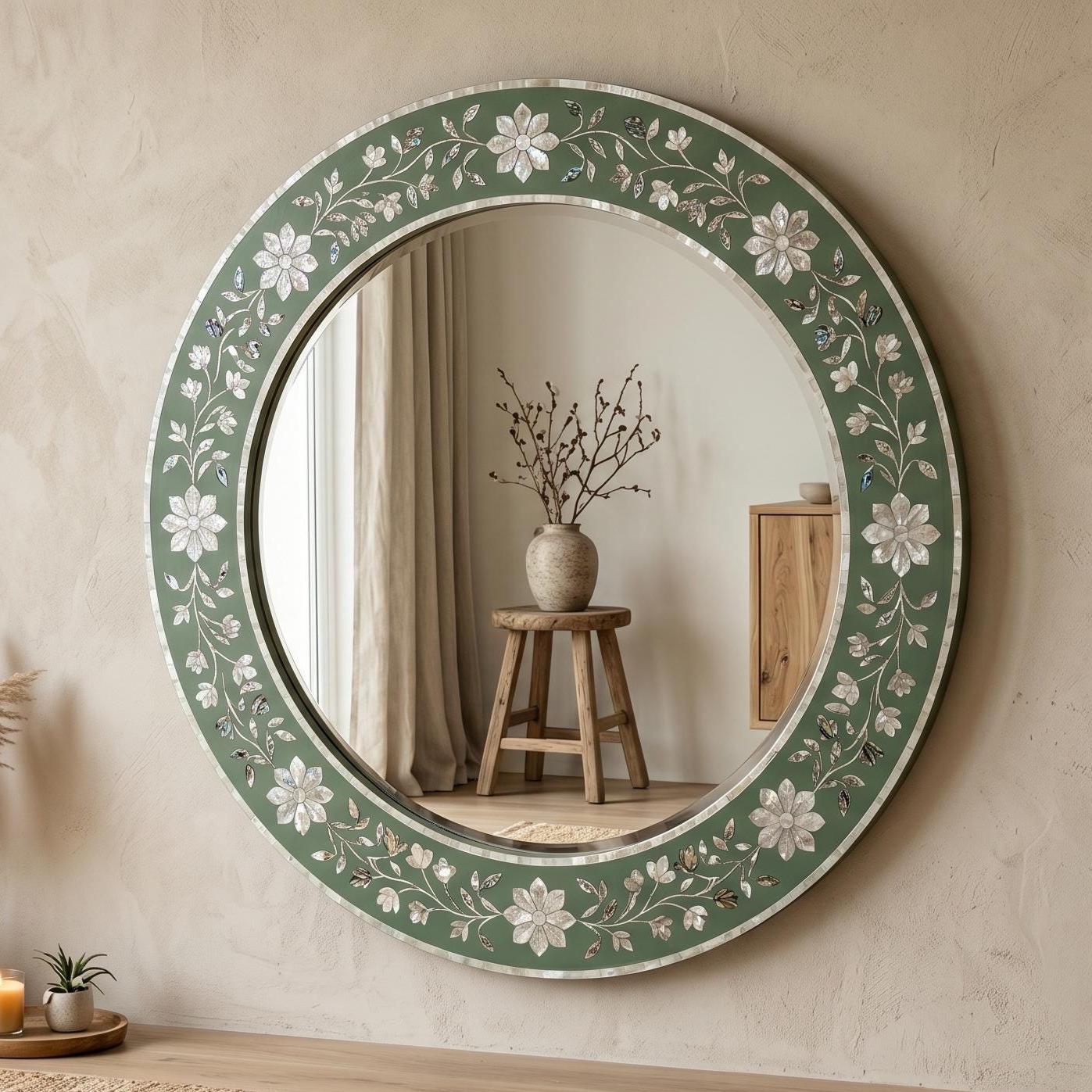 Sage Green Mother of Pearl Floral Inlay Mirror Luxury Wall Decor - Detail Close-up