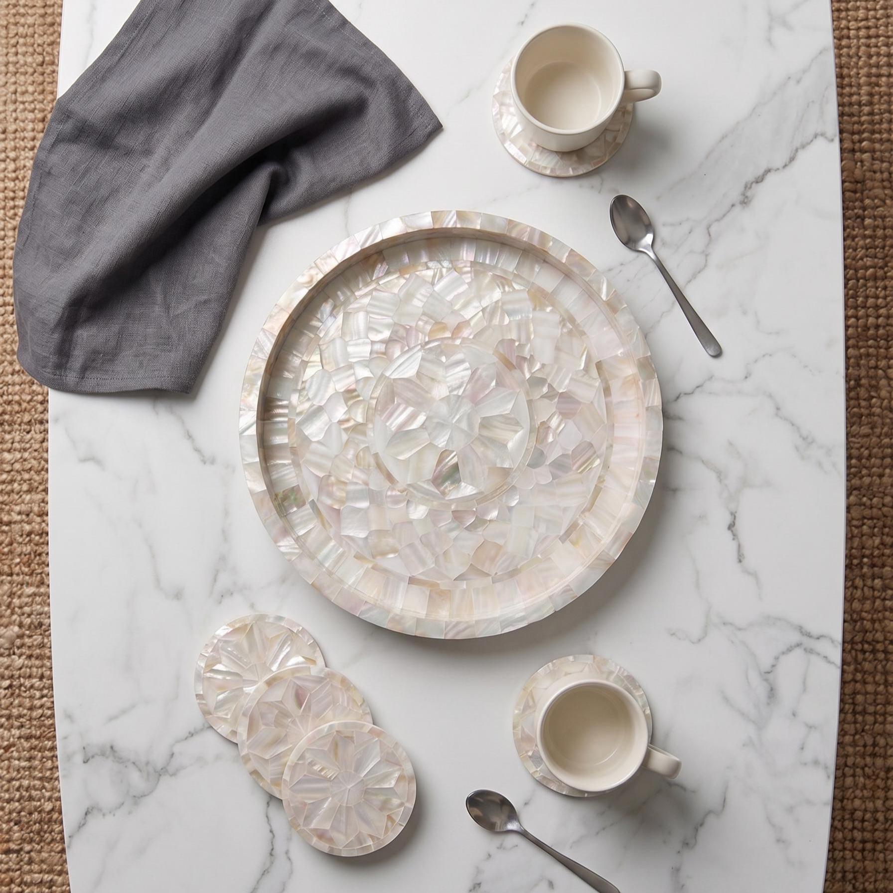 Mother of Pearl Inlay Round Tray Handmade Decorative Serving Tray - Side Angle