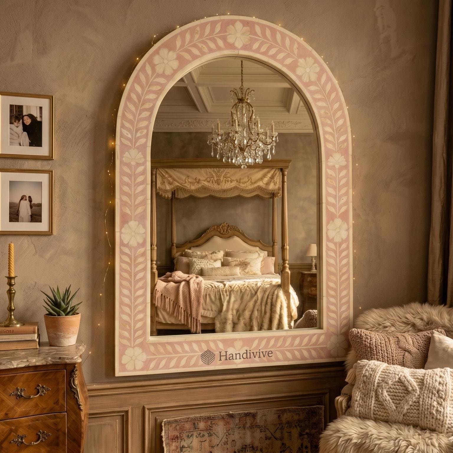 Floral Arch Mirror Pink Bone Inlay Wall Hanging Decor - Alternate View 1