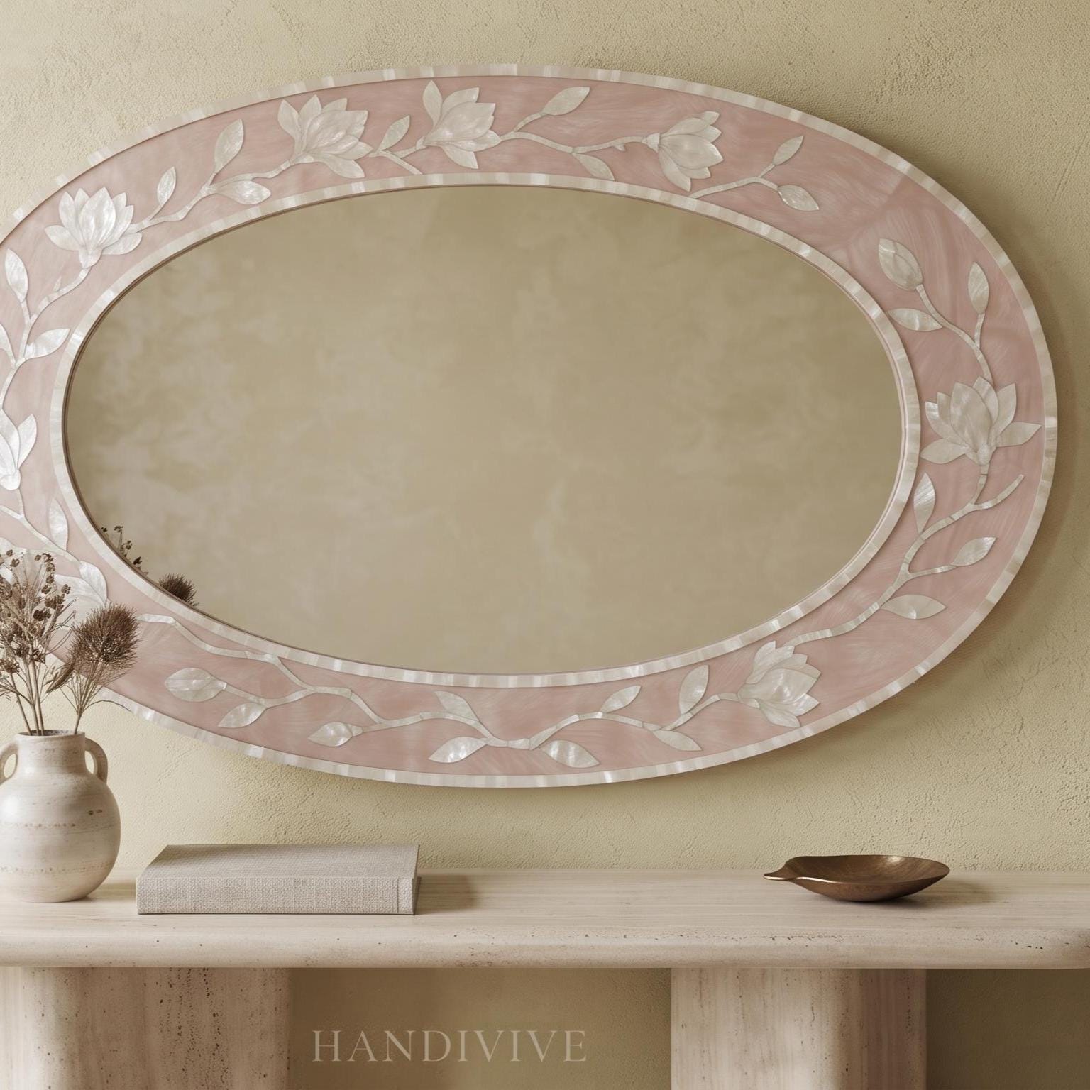 Oval Mother of Pearl Inlay Mirror Dusty Blush Pink , Magnolia Garden MOP Wall Mirror - Full Profile
