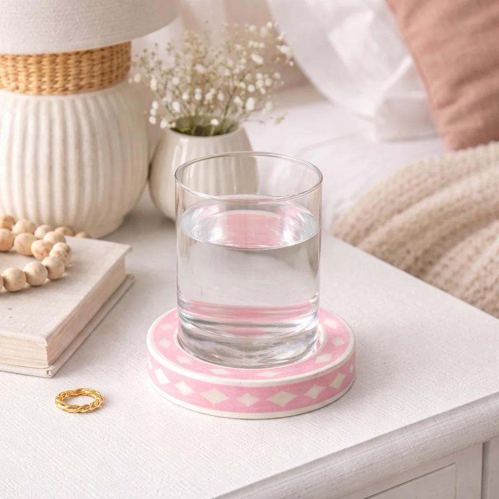 Pink Bone Inlay Trinket Tray Round Jewelry Dish Handmade Vanity Decor - Detail Close-up