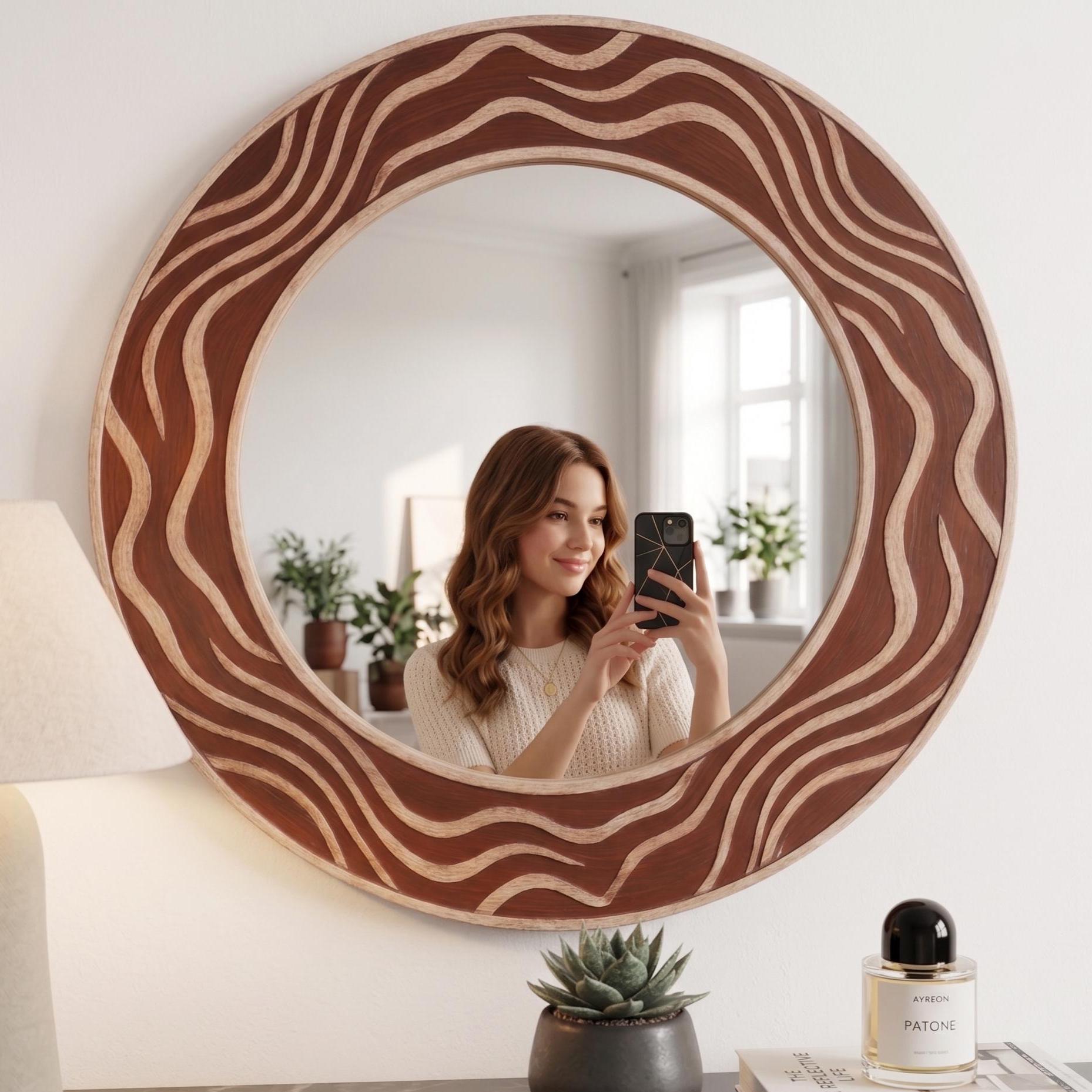 Terracotta Bone Inlay Mirror – Handmade Round Wavy Organic Wall Decor | unique mirror - Side Angle