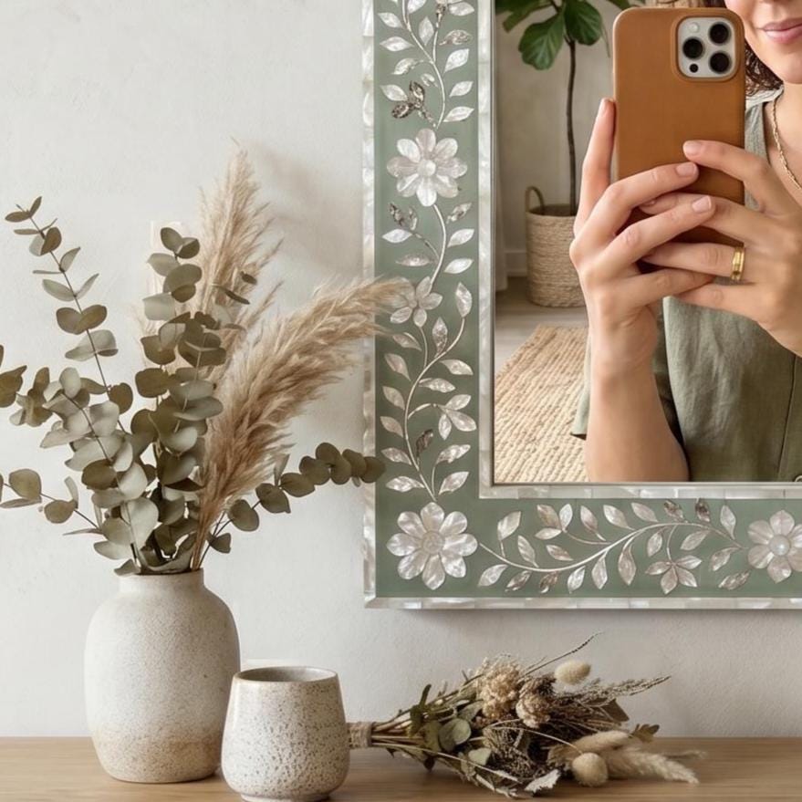 Sage Green Mother of Pearl Arch Mirror Floral Wall Decor vanity decor - Detail Close-up